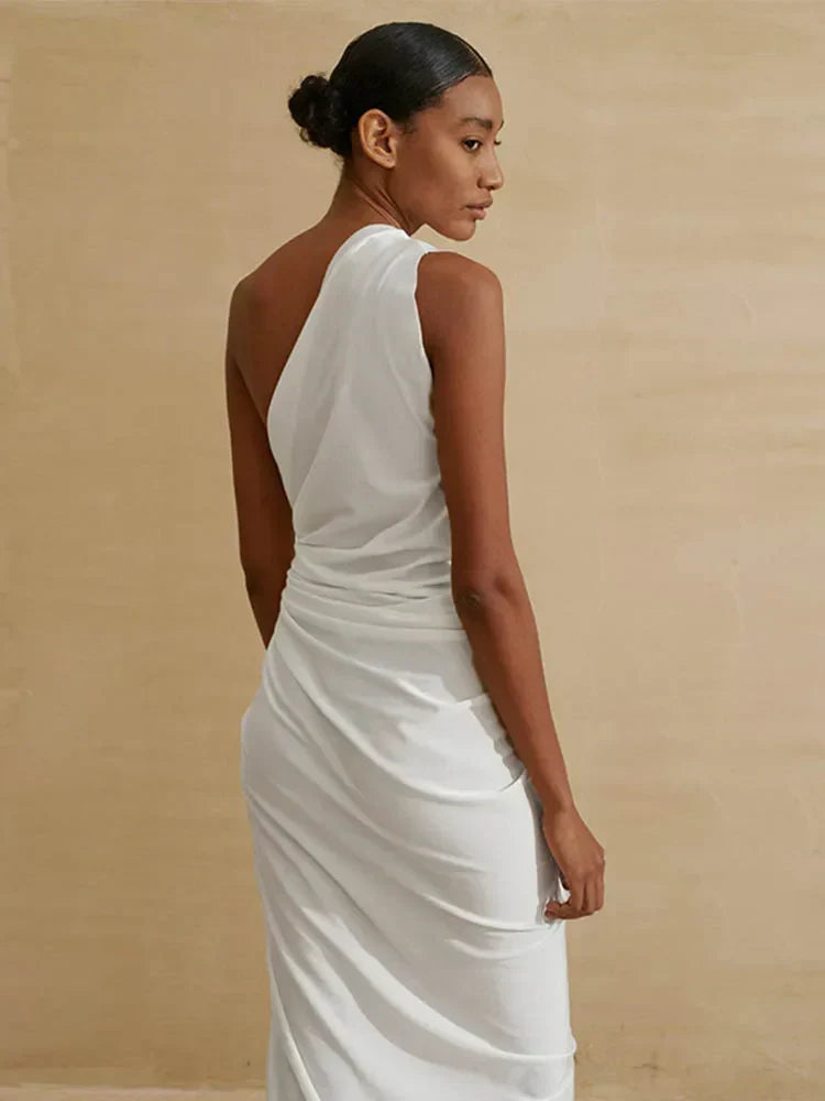 One Shoulder Side Cutout Ruched Hip Ring Thigh Slit Maxi Dress