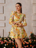 3D Floral Applique Puff Sleeve Round Neck Fit and Flare Mini Dress