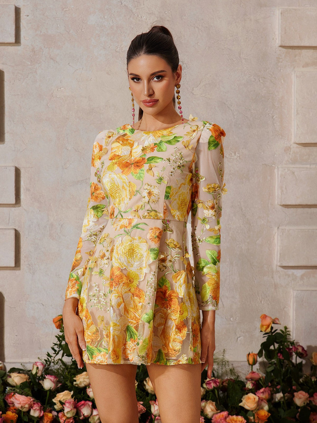 3D Floral Applique Puff Sleeve Round Neck Fit and Flare Mini Dress