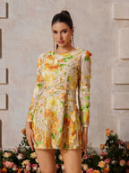3D Floral Applique Puff Sleeve Round Neck Fit and Flare Mini Dress