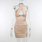 Cross Halter Rhinestone Corset Waist Satin Ruched Bodycon Mini Dress