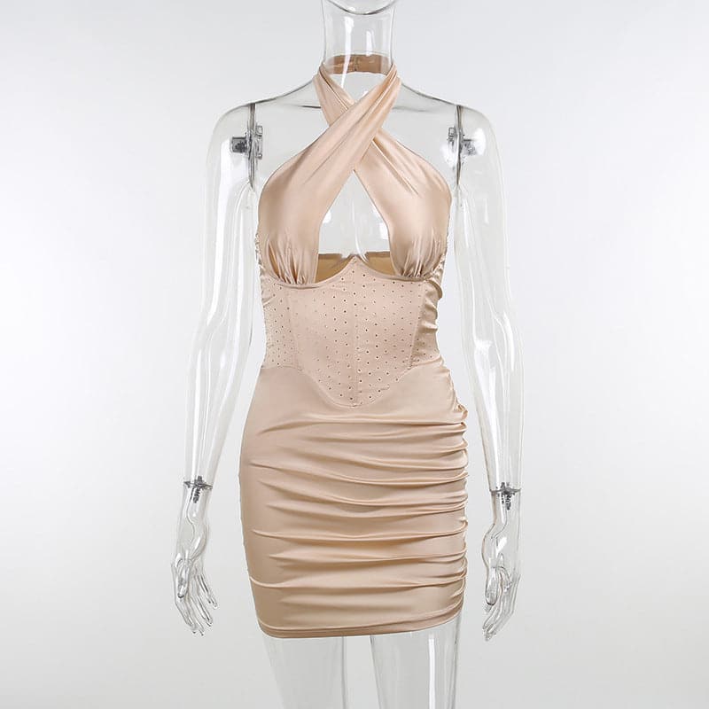 Cross Halter Rhinestone Corset Waist Satin Ruched Bodycon Mini Dress