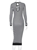 Houndstooth Print Long Sleeve Crew Neck Bodycon Midi Dress