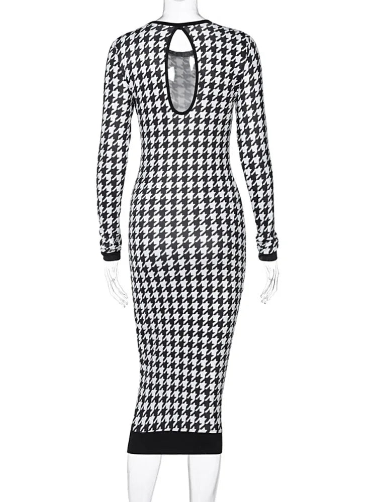 Houndstooth Print Long Sleeve Crew Neck Bodycon Midi Dress