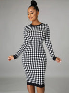 Houndstooth Print Long Sleeve Crew Neck Bodycon Midi Dress