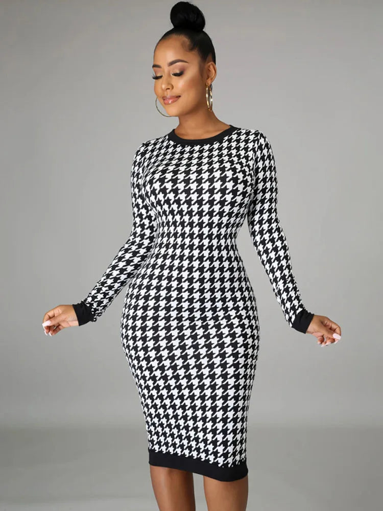 Houndstooth Print Long Sleeve Crew Neck Bodycon Midi Dress