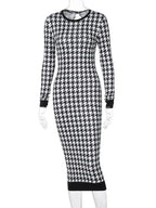 Houndstooth Print Long Sleeve Crew Neck Bodycon Midi Dress