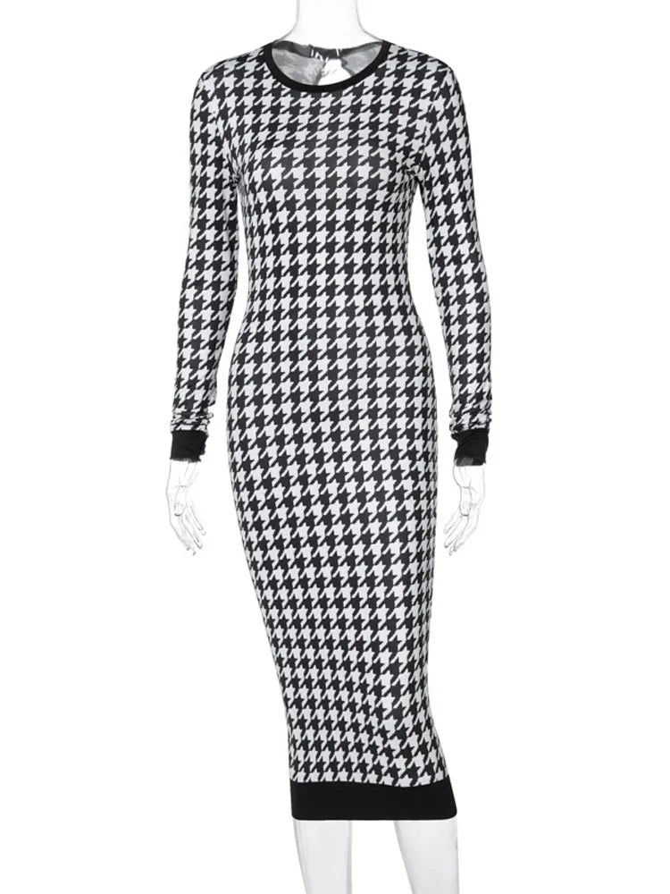 Houndstooth Print Long Sleeve Crew Neck Bodycon Midi Dress