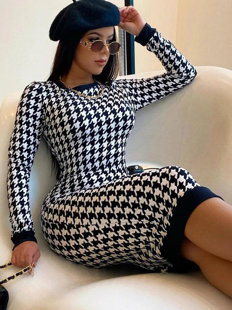 Houndstooth Print Long Sleeve Crew Neck Bodycon Midi Dress