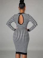 Houndstooth Print Long Sleeve Crew Neck Bodycon Midi Dress