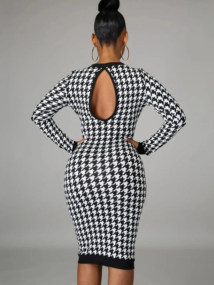 Houndstooth Print Long Sleeve Crew Neck Bodycon Midi Dress