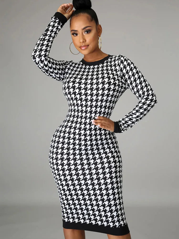 Houndstooth Print Long Sleeve Crew Neck Bodycon Midi Dress