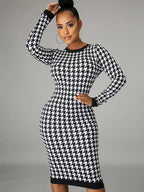 Houndstooth Print Long Sleeve Crew Neck Bodycon Midi Dress