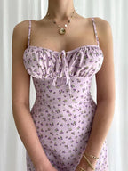 Floral Ditsy Print Spaghetti Strap Ruched Milkmaid Bust High Split Midi Dress