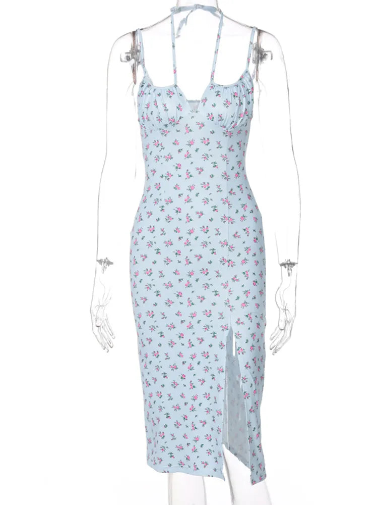 Floral Ditsy Print Spaghetti Strap Ruched Milkmaid Bust High Split Midi Dress