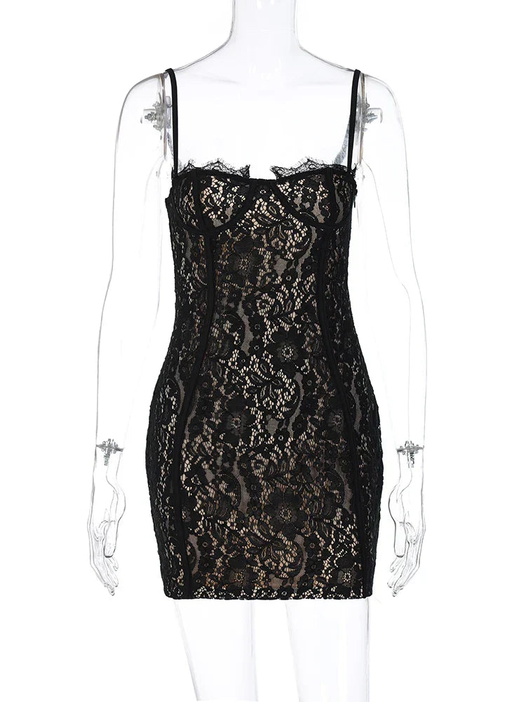 Floral Lace Corset Sweetheart Eyelash Trim Spaghetti Strap Bodycon Midi Dress