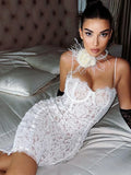 Floral Lace Corset Sweetheart Eyelash Trim Spaghetti Strap Bodycon Midi Dress
