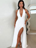 Fabiola Minimalist Deep V Neck Strappy Dress with Slit Evening Wear Edit