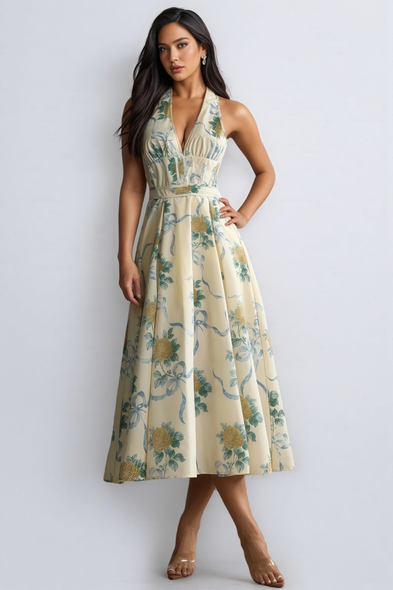 Mabel Floral Print Deep V Neck Midi Dress