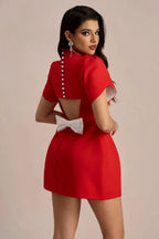 Mock Neck Flared Sleeve Structured A-Line Mini Dress