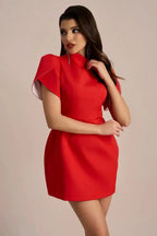 Mock Neck Flared Sleeve Structured A-Line Mini Dress