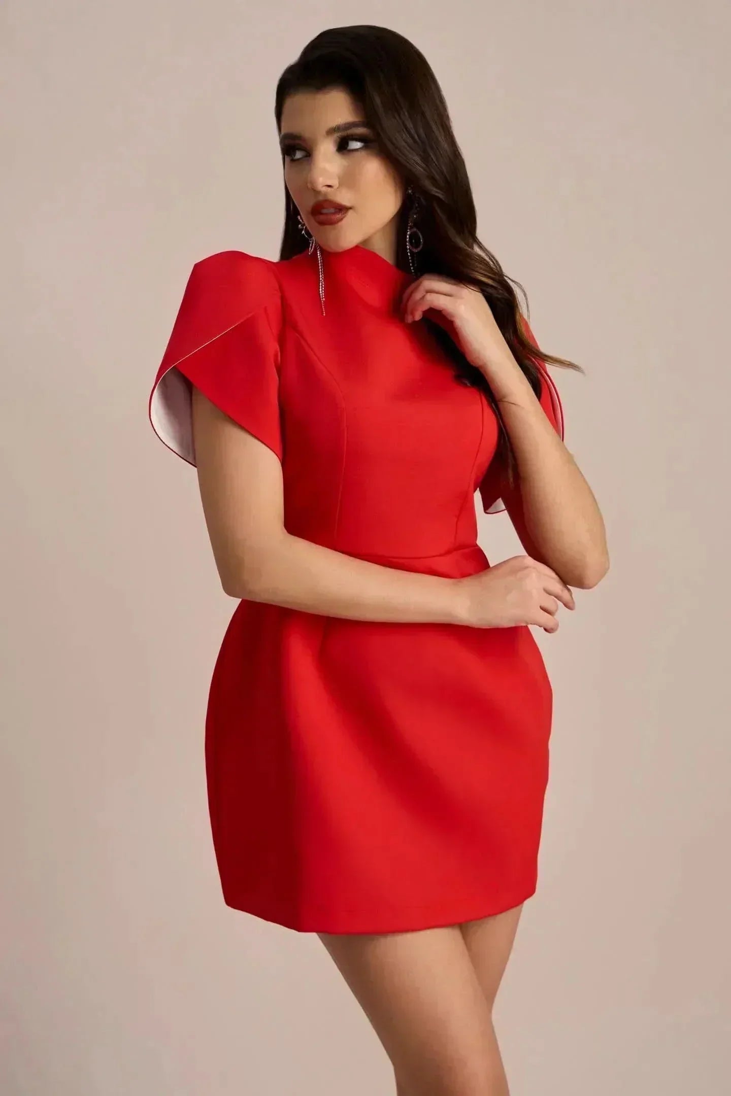 Mock Neck Flared Sleeve Structured A-Line Mini Dress