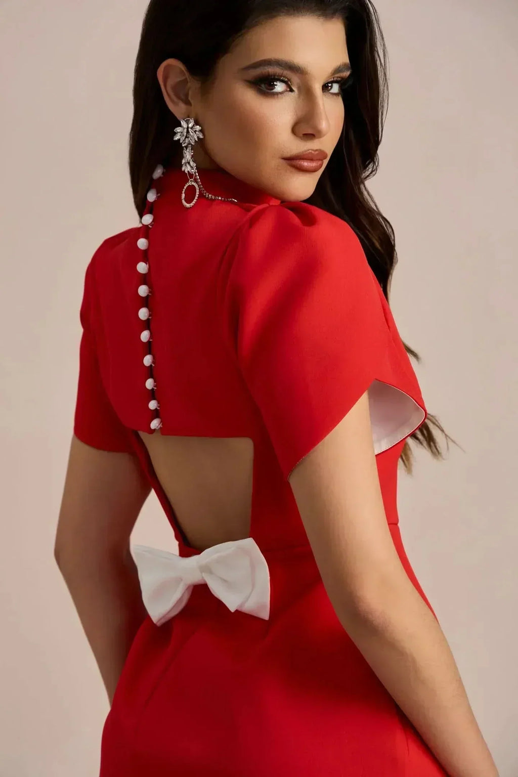 Mock Neck Flared Sleeve Structured A-Line Mini Dress