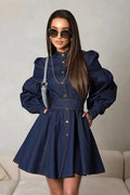 Mandarin Collar Button Front Puff Sleeve Cinched Waist Denim Mini Dress