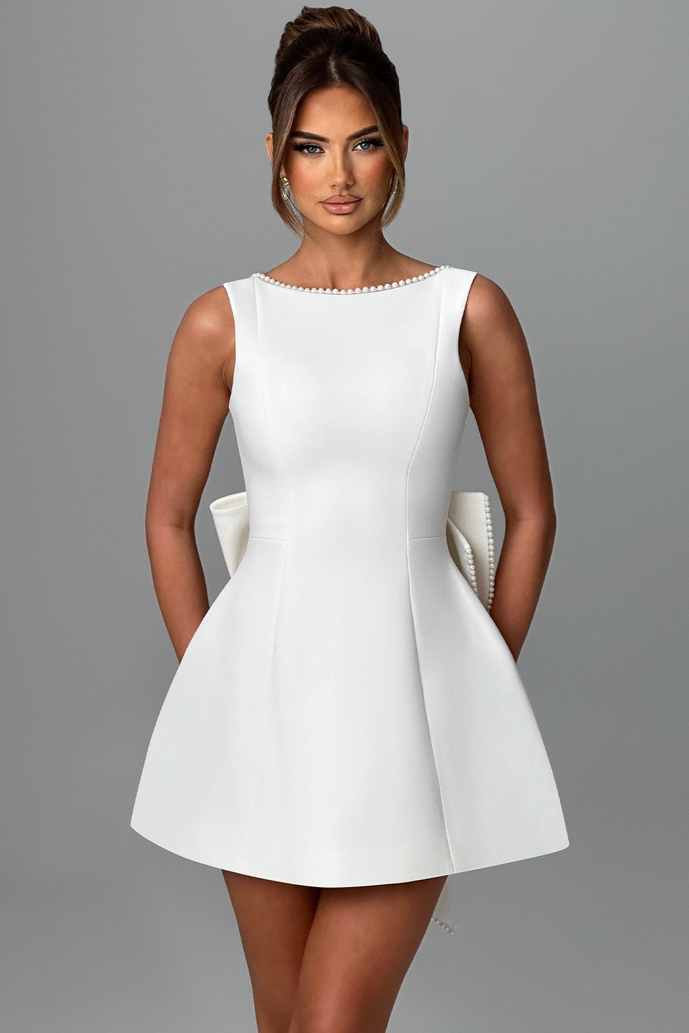 Scoop Back Pearl Trim Oversized Bow Back Mini Dress