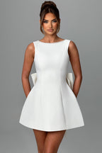 Scoop Back Pearl Trim Oversized Bow Back Mini Dress