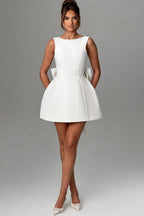 Scoop Back Pearl Trim Oversized Bow Back Mini Dress