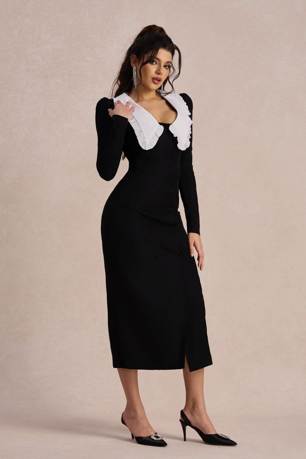 Peter Pan Collar Double Breasted Puff Shoulder High Split Midi Dress