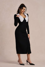 Peter Pan Collar Double Breasted Puff Shoulder High Split Midi Dress