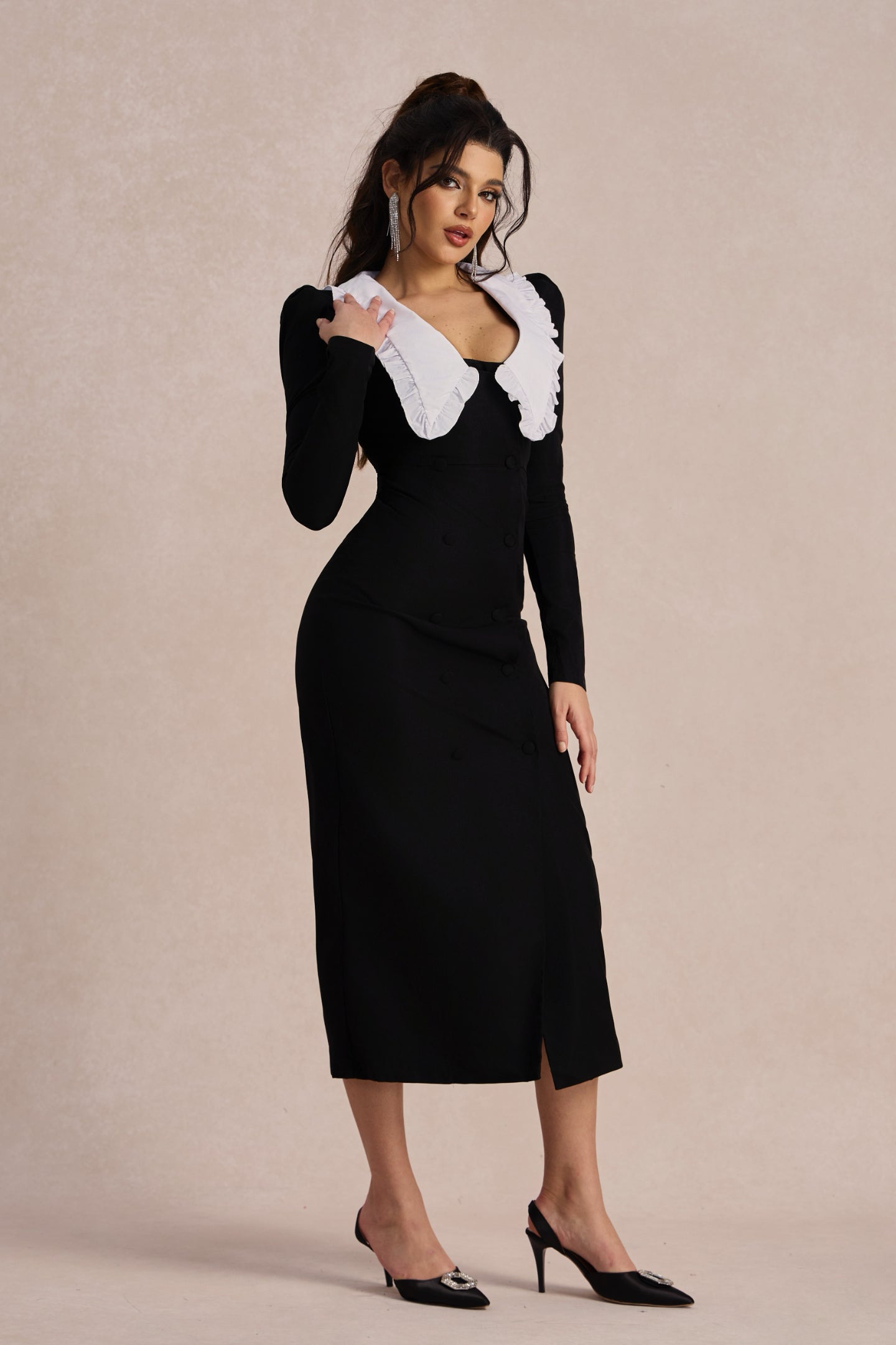 Peter Pan Collar Double Breasted Puff Shoulder High Split Midi Dress