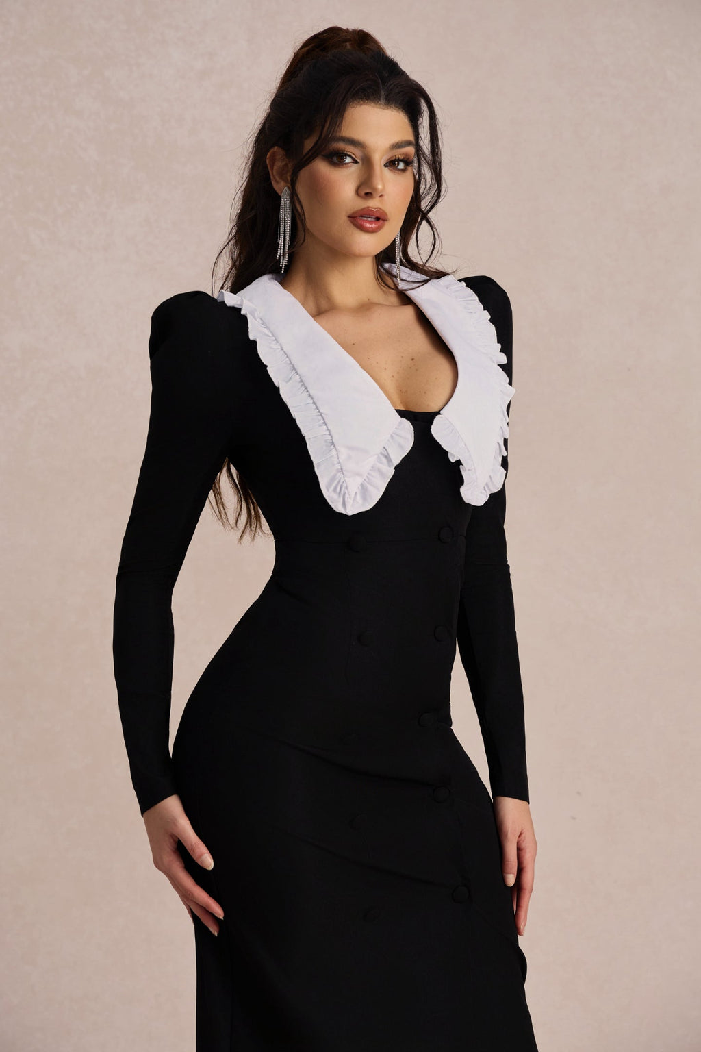 Peter Pan Collar Double Breasted Puff Shoulder High Split Midi Dress