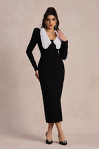 Peter Pan Collar Double Breasted Puff Shoulder High Split Midi Dress