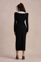 Peter Pan Collar Double Breasted Puff Shoulder High Split Midi Dress