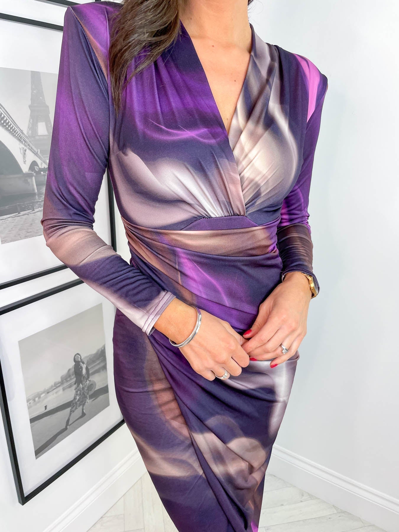 Izar Chic Midi Dress with a V Neck and Slit Premium Wardrobe Essential