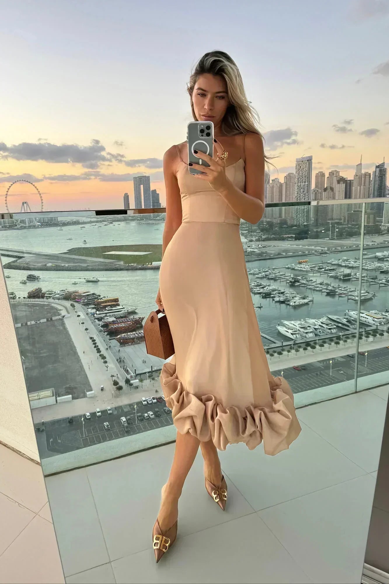 Spaghetti Strap Scoop Neck Bubble Hem Ruffle Trim Midi Dress
