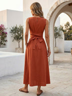 Sleeveless Tie Waist Maxi Dress For Women - Casual Solid Color A Line Sun Dress With Pockets - Summer Beach Vacation 2026