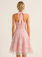 Vintage 1950s Floral Midi Dress For Women - Halter Neck Mesh Embroidery A-Line Sundress - Spring Garden Wedding Guest 2026
