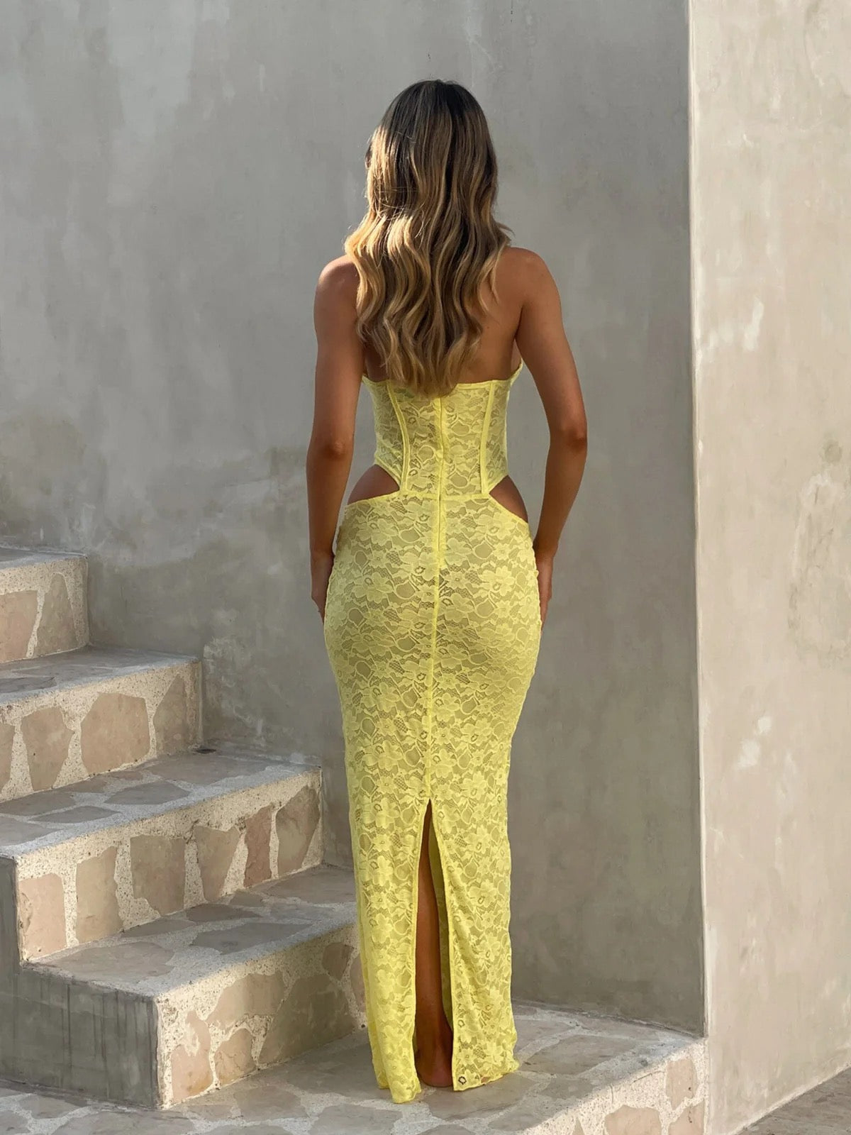 Floral Lace Halter Neck Deep V-Neck Corset Bodice Waist Cut Out Maxi Dress