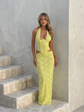 Floral Lace Halter Neck Deep V-Neck Corset Bodice Waist Cut Out Maxi Dress