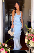 Spaghetti Strap V-Neck Diagonal Tiered Ruffle Satin Maxi Dress