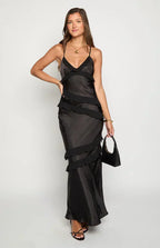 Spaghetti Strap V-Neck Diagonal Tiered Ruffle Satin Maxi Dress