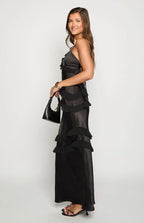 Spaghetti Strap V-Neck Diagonal Tiered Ruffle Satin Maxi Dress