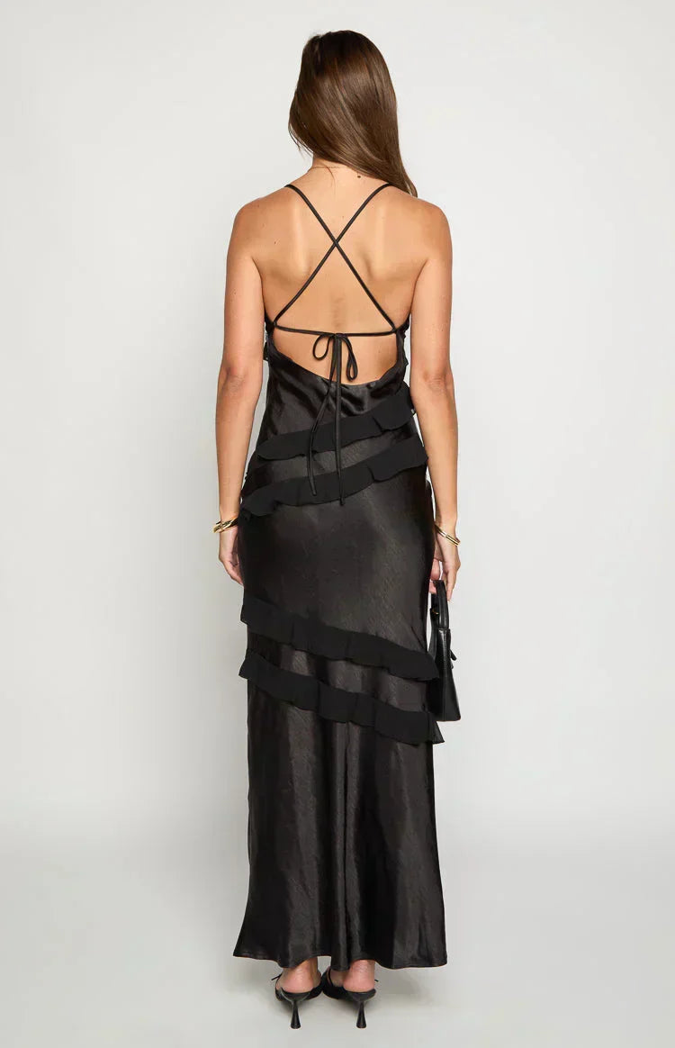 Spaghetti Strap V-Neck Diagonal Tiered Ruffle Satin Maxi Dress