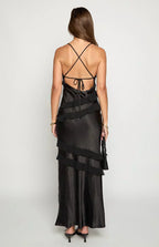 Spaghetti Strap V-Neck Diagonal Tiered Ruffle Satin Maxi Dress
