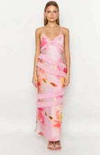 Spaghetti Strap V-Neck Diagonal Tiered Ruffle Satin Maxi Dress