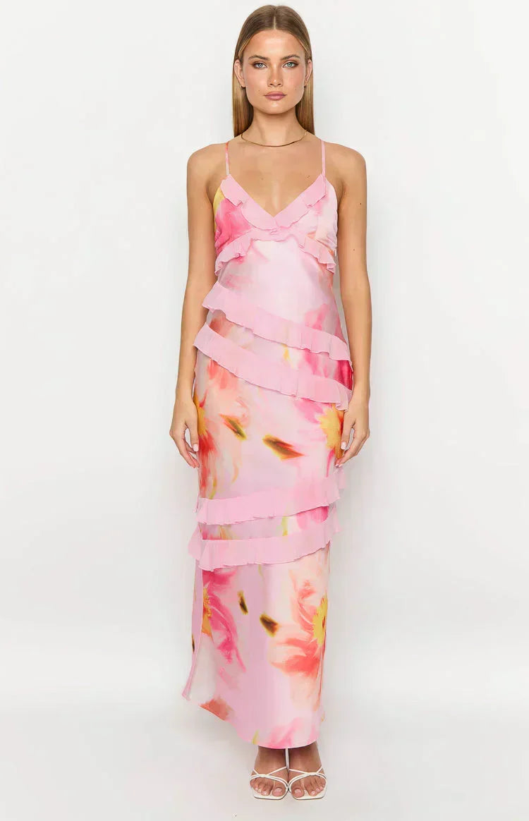 Spaghetti Strap V-Neck Diagonal Tiered Ruffle Satin Maxi Dress
